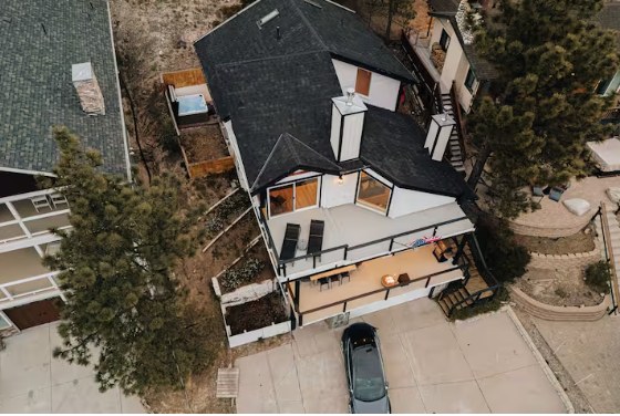 Aerial view of the property and hot tub